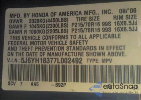 2007 Honda Element Lx из США, поврежденный, VIN 5J6YH18377L002492